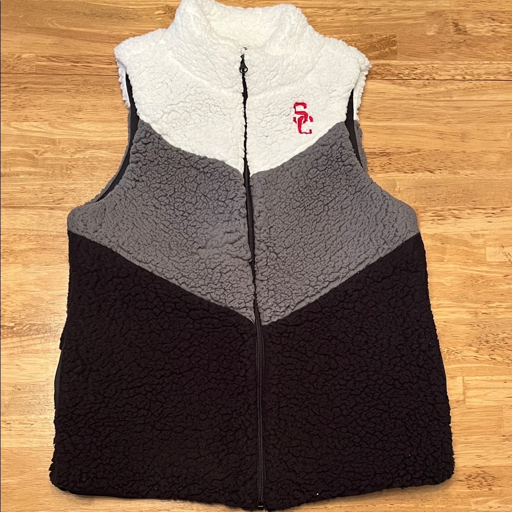 USC Trojans Women's Sherpa Vest in Black, Gray, and White